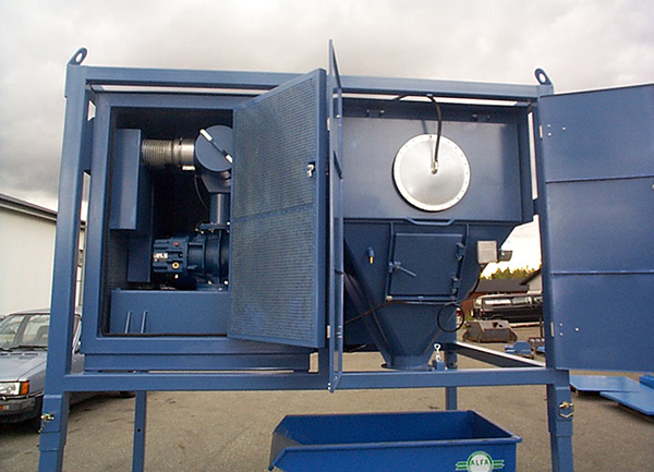 Blue DISAB SEBF-II industrial vacuum unit with open side panels, revealing the internal mechanics and filtration system used for high-capacity suction in industrial applications.